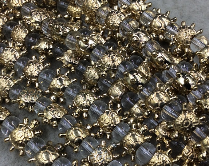 Gold Finish Turtle Shape Plated Pewter Beads - 8" Strand (Approx. 18 Beads) - 6mm x 12mm - 6mm Hole Size