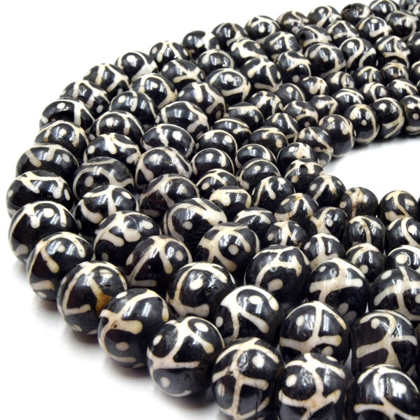 Bone Beads | Batik Ox Bone Rondelle Beads | Black Brown Tribal Swirl with Dot Painted Bone Beads |  8mm 10mm 12mm 14mm 16mm Available
