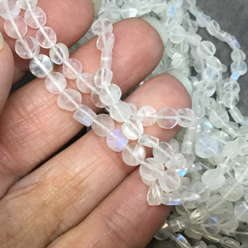 High Quality Hand-Cut Semi-Precious Gemstone ~69 Beads 4.5-5mm x 4.5-5mm Freeform Faceted Coin Shaped Rainbow Moonstone Beads 14 Strand