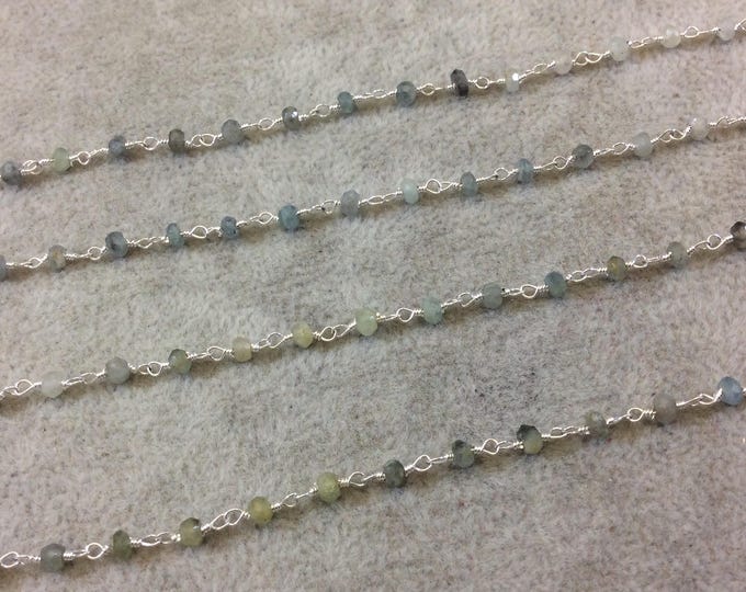 Silver Plated Copper Rosary Chain with Faceted 3-4mm Rondelle Shape Mystic Coated Gray Green Moss Aquamarine Beads - Sold Per Foot CH155-SV