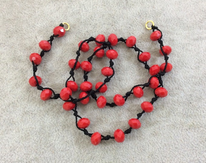 Chinese Crystal Beads | 18" Black Thread Necklace Section with 8mm Faceted Glossy Finish Rondelle Shaped Opaque Cadmium Red Glass Beads