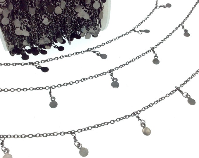 Gunmetal Plated Brass Spaced Single Dangle Wrapped Chain with 4mm Gunmetal Disc/Coin Round Dangles - Sold by 1 Foot Length!