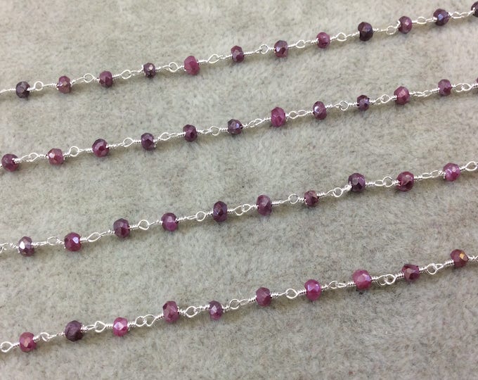 Silver Plated Copper Rosary Chain with Faceted 3-4mm Rondelle Shape Mystic Coated Magenta Quartz Beads - Sold by the Foot (CH153-SV)