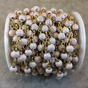 Rosary Chain – Gold Plated Copper with 6mm Smooth Off White Howlite Beads; Natural Beaded Chain Sold by Foot and in Bulk