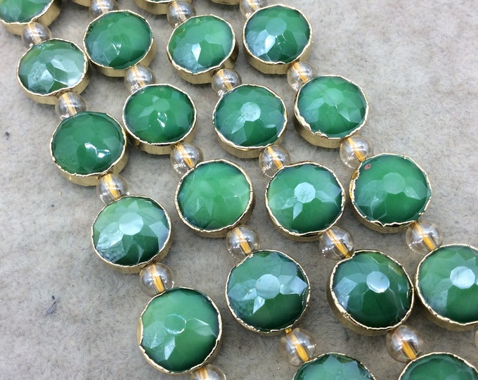 Chinese Crystal Beads | 14mm x 14mm Gold Electroplated Glossy Finish Faceted Opaque Green Round Coin Glass Beads