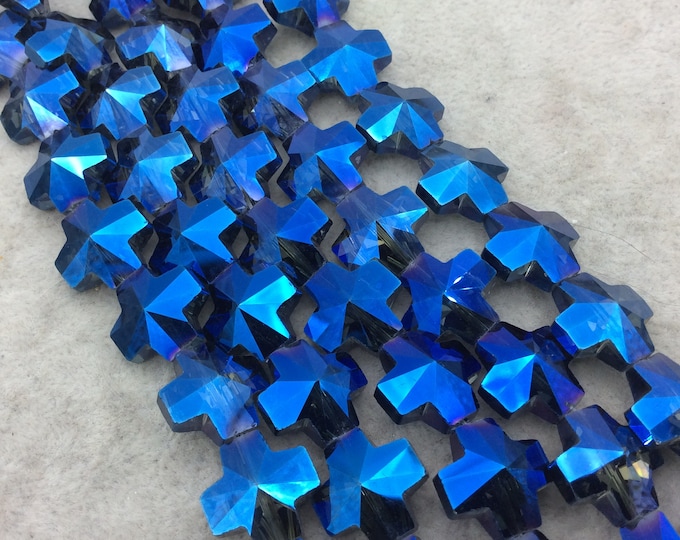 Chinese Crystal Beads | 13mm x 13mm Glossy Faceted Transparent Metallic Metallic Blue Crystal Cross Shaped Glass Beads