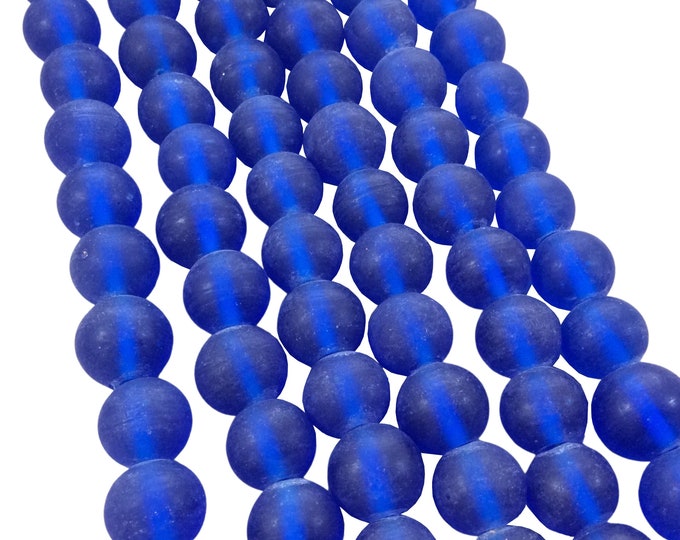 12mm Matte Cobalt Blue Irregular Rondelle Shaped Indian Beach/Sea Glass Beads - Sold by 16" Strands - Approximately 34 Beads per Strand
