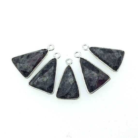 Silver Finish Black Feldspar Triangle Pendant: 12mm x 16mm Gemstone Bezel