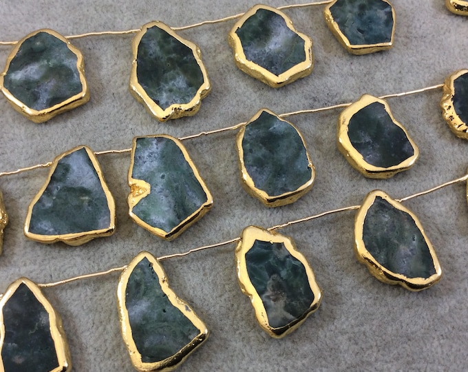 Moss Agate Beads - Gold Electroplated Moss Agate Top Drilled Semi Precious Indian Gemstone Beads - 16mm x 26mm