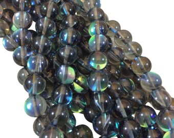 10mm Smooth Transparent Gray Round/Ball Shaped Synthetic Glass Moonstone Beads - 15.5" Strand (Approx. 39 Beads) - Manmade Faux Gemstone