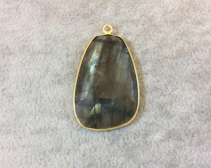 Labradorite Bezel | Natural Semi-precious Gemstone | Gold Finish Faceted Freeform Bell Shaped Pendant Component - Measuring 20mm x 29mm