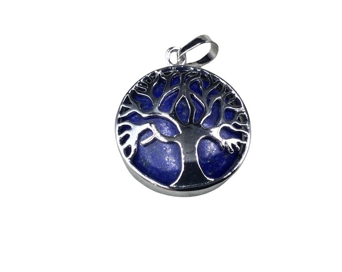 1" Silver Plated Copper Cut Out Tree Focal Bezel Pendant with Lapis Lazuli Stone - Measures 26mm x 26mm - Sold Per Each, Chosen at Random