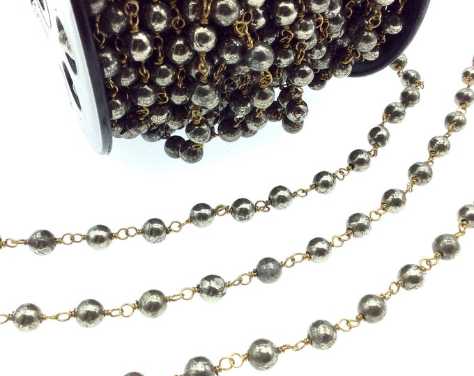 Gold Plated Copper Wrapped Rosary Chain with 6mm Smooth Natural Pyrite Round Shaped Beads - Sold by the Foot, or in Bulk!