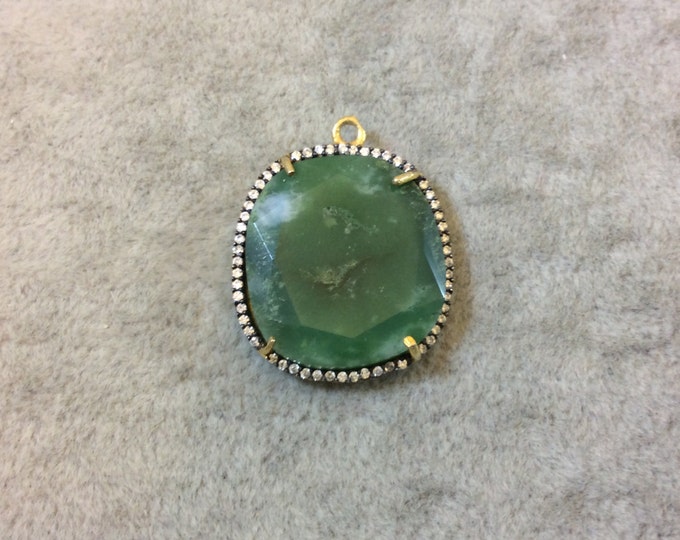 Gold Finish Faceted CZ Rimmed Chrysoprase Freeform Shaped Bezel Pendant Component - Measures 20mm x 22mm - Sold Individually