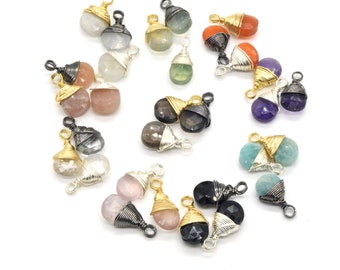 Wire Wrapped Gemstone Pendant: 10mm Drop Shaped Carnelian, Amethyst, Quartz