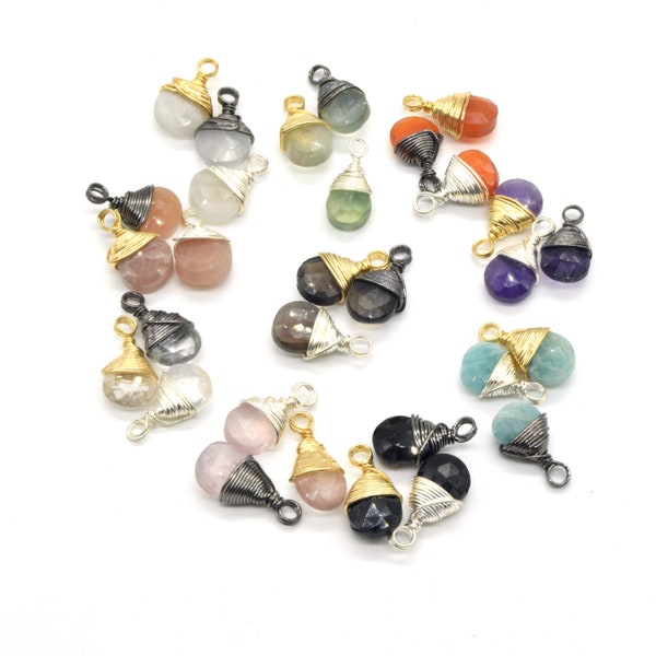 Wire Wrapped Gemstone Pendants | 10mm Drop Shaped Pendants | Carnelian, Amazonite, Quartz, Prehnite, Moonstone, Onyx, Amethyst