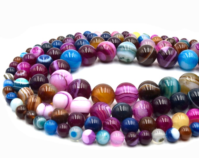Pink Multi Color Striped Agate  Beads | Smooth Round Loose Gemstone Beads | Natural Agate Beads | 6mm, 8mm, 10mm, 12mm