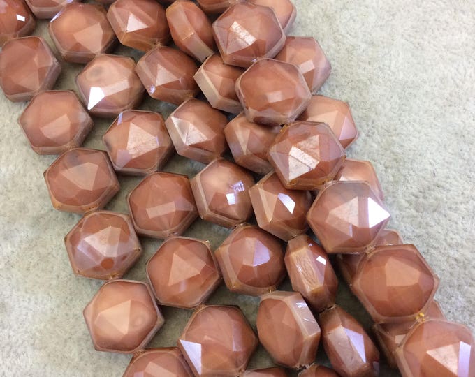 Chinese Crystal Beads | 14mm x 14mm Glossy Finish Faceted Light Brown Crystal Hexagon Glass Beads