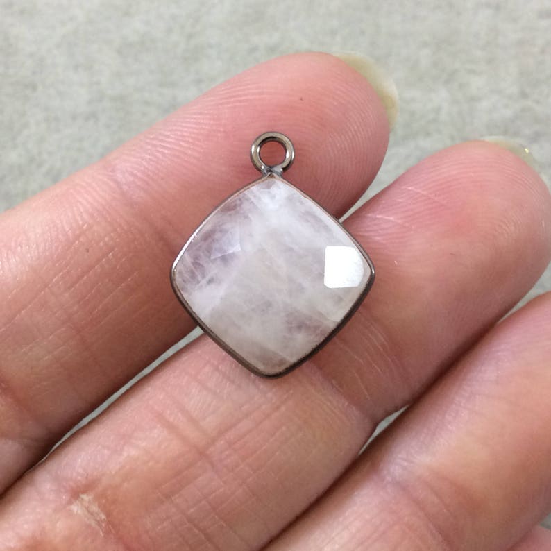 Measures 12mm x 12mm Sold as Shown! OOAK Gunmetal Plated Natural Moonstone Faceted Flat Back Diamond Shaped Copper Bezel Pendant