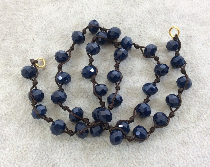 Chinese Crystal Beads | 18" Dark Brown Thread Necklace Section with 8mm Faceted Glossy Finish Rondelle Shaped Opaque Dark Denim Glass Beads