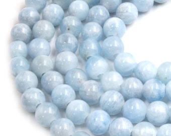 Large Hole Aquamarine Beads |Natural Pale Blue Aquamarine Smooth Finish Round/Ball Shaped Beads with 2.5mm Holes - 7.75" Strand