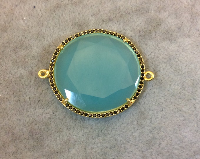 Gold Finish Faceted CZ Rimmed Aqua Green Chalcedony Round Shaped Bezel Connector Component - Measures 31mm x 31mm - Sold Individually