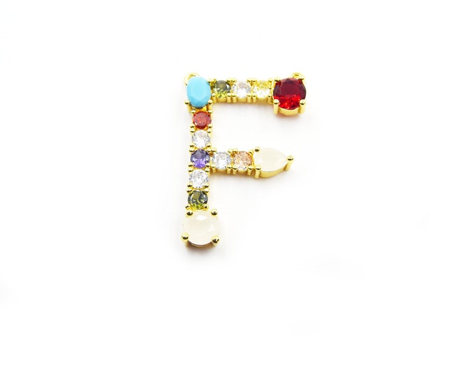 Gold Alphabet Rhinestone Pendant | Letter F Multi-color Rhinestone Pendant with Two Loops - 25mm x 40mm