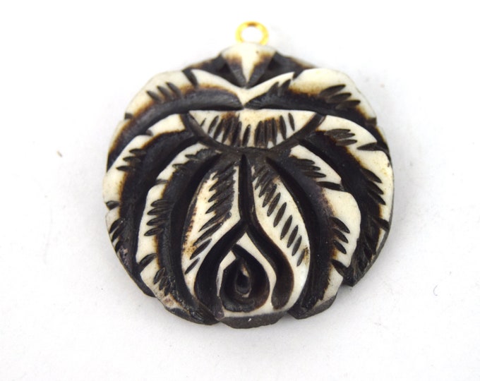 38mm x 40mm - White and Black - Hand Carved Rose - Round Shaped Natural Ox Bone Pendant