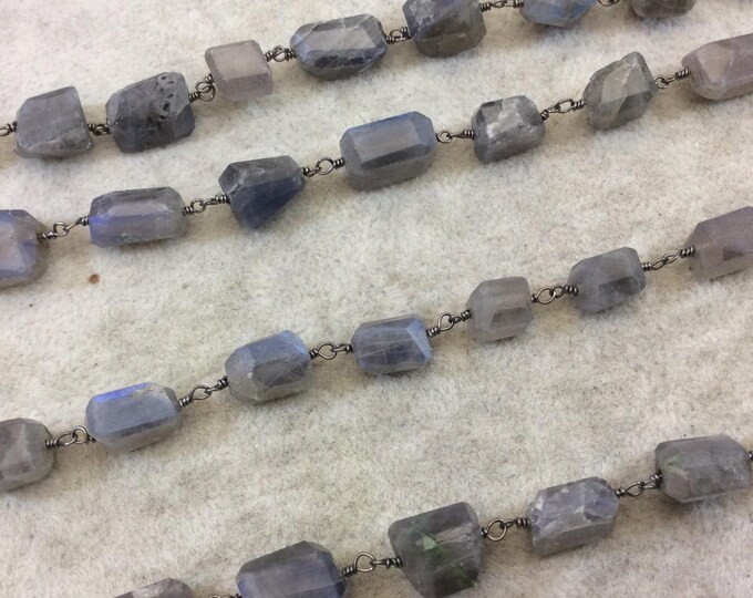 Gunmetal Plated Copper Rosary Chain with Faceted 8-10mm x 10-12mm Nugget Shape Iridescent Gray  Labradorite Beads - Sold Per Ft - (CH432-GM)