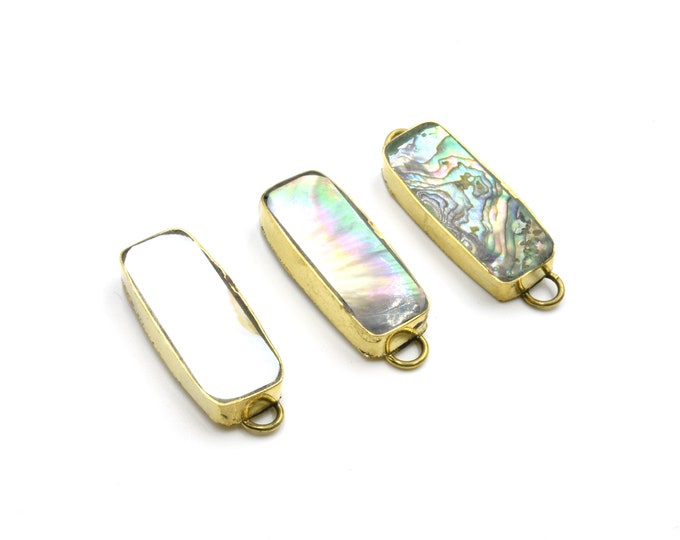 Iridescent Abalone Shell Long Rectangle Shaped Gold Plated Bezel Connector- White, Gray and Rainbow available