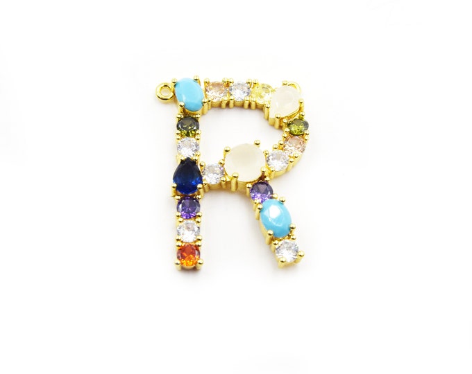 Gold Alphabet Rhinestone Pendant | Letter R Multi-color Rhinestone Pendant with Two Loops - 35mm x 35mm