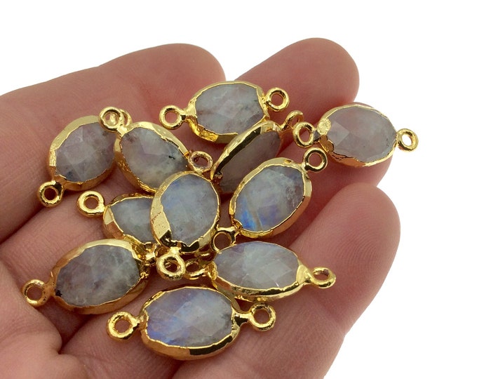 10-13mm Single Gold Electroplated Natural Iridescent Gray Moonstone Horizontal Faceted Oval Shaped Connector - Randomly Selected