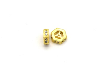 8mm x 8mm Gold Plated Cubic Zirconia Encrusted/Inlaid Eyed Hexagon Shaped Bead