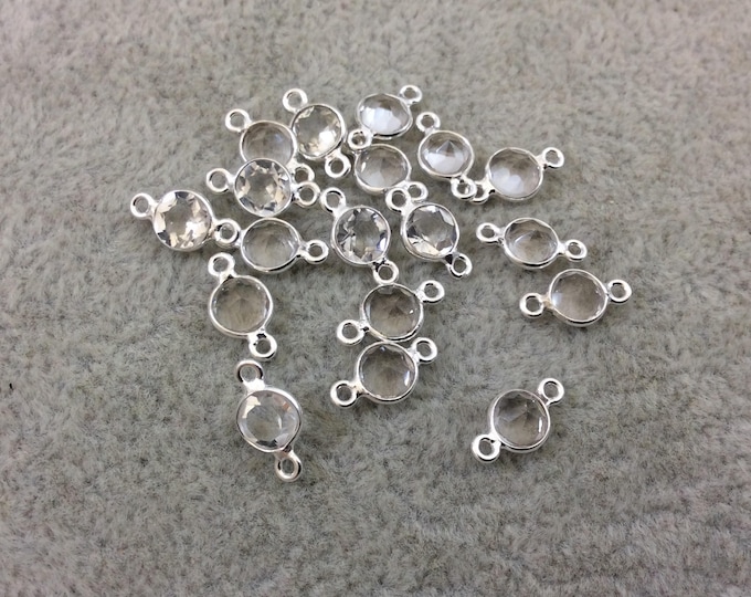 BULK LOT - Pack of Six (6) Sterling Silver Pointed/Cut Stone Faceted Round/Coin Shaped Clear Quartz Bezel Connectors - Measuring 5mm x 5mm