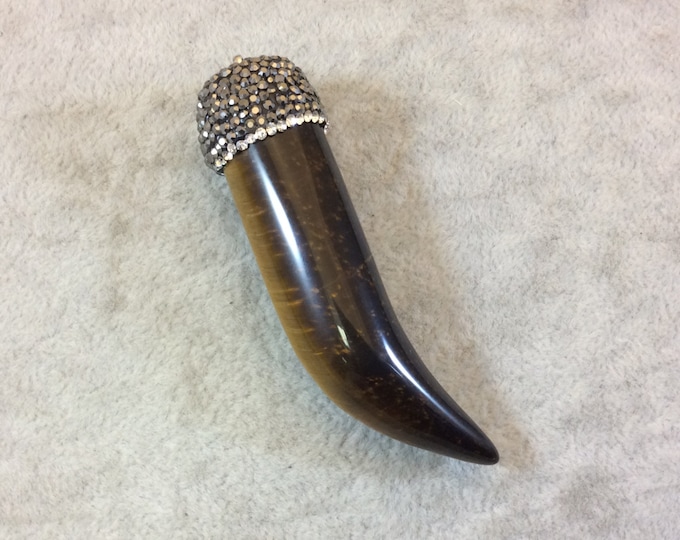 Large Pave Rhinestone Encrusted Tusk Shaped Tiger Eye Pendant with Gray/White Rhinestones and Attached Bail - Measuring 18mm x75mm, Approx.