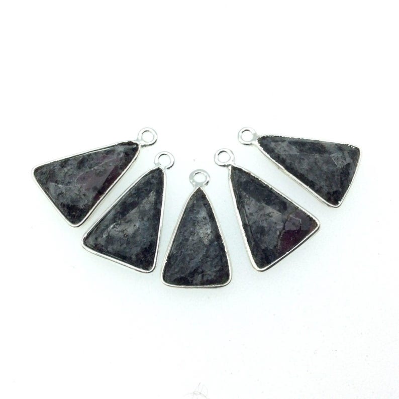 Silver Finish Faceted Black Feldspar Triangle Shaped Bezel Pendant Component - Measuring 12mm x 16mm - Natural Semi-precious Gemstone