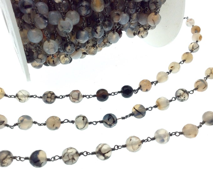 Gunmetal Plated Copper Wrapped Rosary Chain with 8mm Faceted Dragon Vein Gray Agate Round Shaped Beads - Sold by the foot!