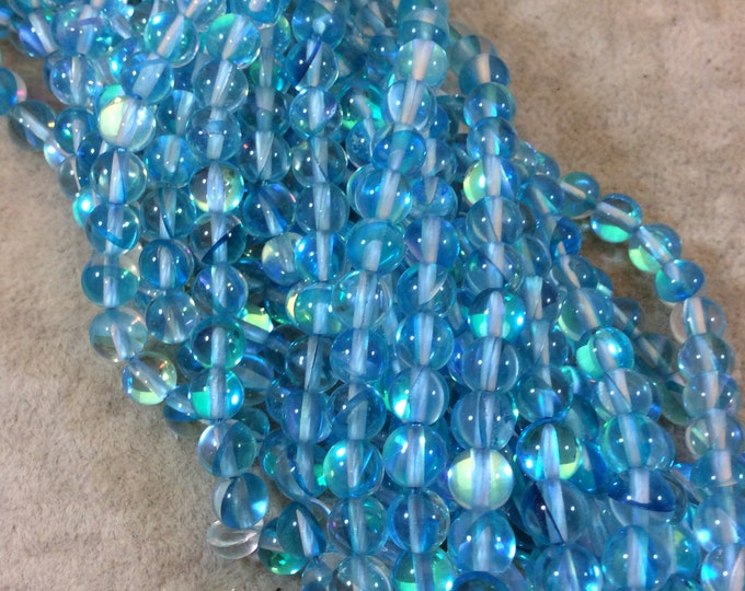 6mm Smooth Transparent Aqua Round/Ball Shaped Synthetic Glass Moonstone Beads - 15.5" Strand (Approx. 67 Beads) - Manmade Faux Gemstone