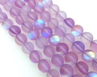 Synthetic Moonstone Beads | Moonlight Glass | Mermaid Glass Beads | Matte Frosted Light Lavender Beads | 6mm, 10mm