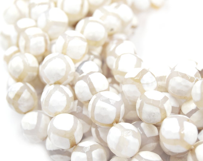 Tibetan Agate Beads | Dzi Beads | Dyed White Faceted Honeycomb Round Gemstone Beads - 6mm 8mm 10mm 12mm Available