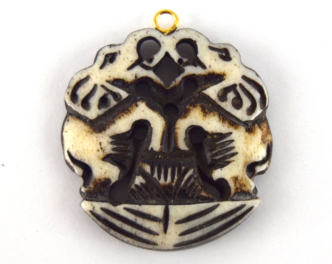 38mm x 40mm - White/Black - Hand Carved Dual Elephants- Round Shaped Natural Ox Bone Pendant