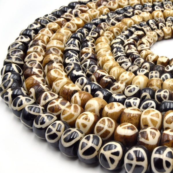 Bone Beads | Hand Painted Peace Sign Ox Bone Rondelle Beads | 8mm 10mm 12mm | Light Brown Medium Brown Black/Brown Available