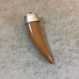 SALE - 2.5&quot; Slightly Flattened Tusk/Claw Shaped Brown Acrylic Pendant with Silver Floral Cap - Measuring 18mm x 70mm, Approx.