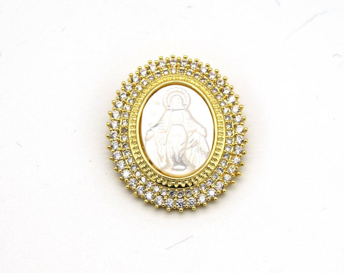 26mm x 32mm Gold CZ Cubic Zirconia Encrusted/Inlaid Virgin Mary Oval Shaped Pendant/Slider
