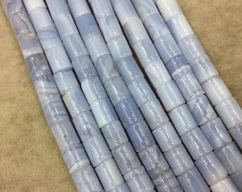 Perle di agata blu naturale a forma di barilotto, lisce e lucide, con fori da 1 mm - Vendute in fili da 40 cm (circa 40 perle) - Dimensioni approssimative: 8 mm x 10 mm.