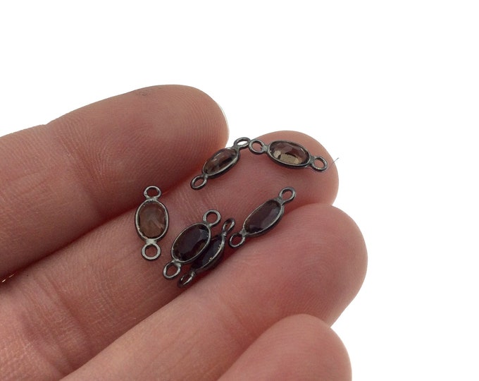 BULK PACK of Six (6) Gunmetal Sterling Silver Pointed/Cut Stone Faceted Oval Shaped Smoky Quartz Bezel Connectors - Measuring 4mm x 6mm