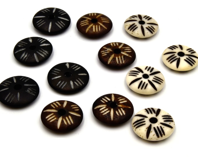 Bone Beads | 15mm Handcrafted Artistic Saucer Bead with Carvings | White Brown Black Available