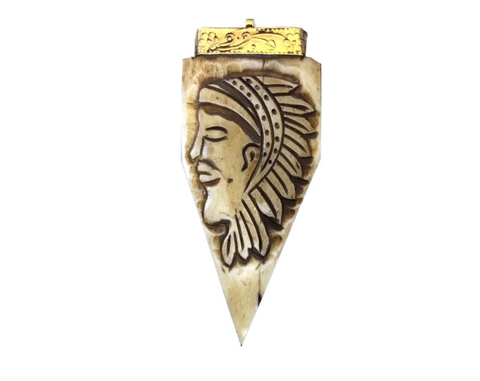 SALE 3.25" Light Brown Pointed Arrow Shape Natural Ox Bone Pendant with Carved Native Design - Measuring 40 x 84mm, Approx. - (TR325LBCNFA)