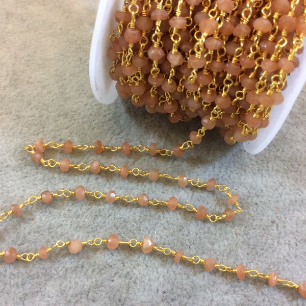 Gold Plated Copper Rosary Chain with Faceted 4mm Rondelle Shape Peach Moonstone Beads - Sold by the Foot! (CH114-GD) - Natural Beaded Chain