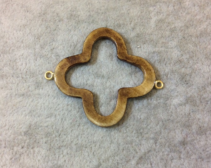 Warm Brown Open Quatrefoil Shaped Natural Carved Bone Focal Connector with Attached Gold Suspension Rings - Measuring 39mm x 39mm, Approx.